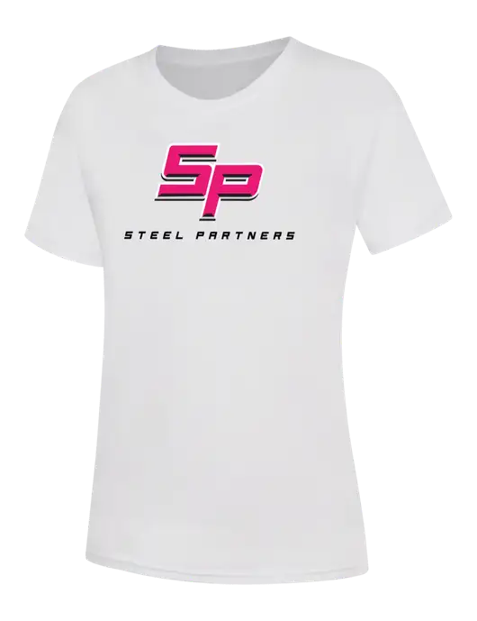 Womens White Core Blend Tee w/Steel Partners Logo