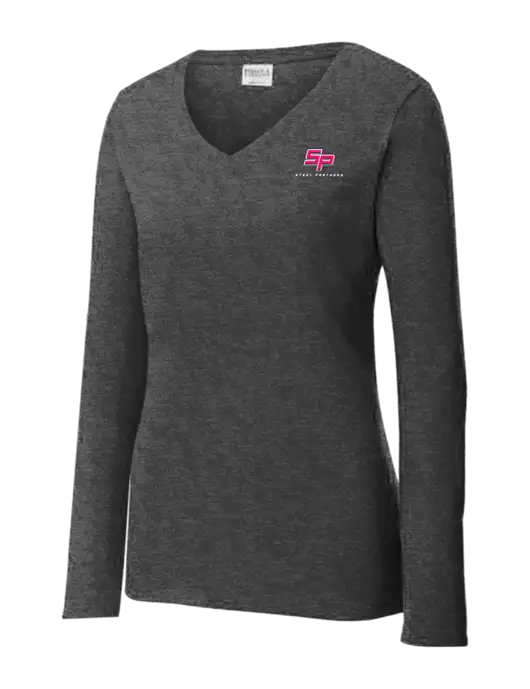 Womens  V-Neck Ring Spun Dark Heather Grey 4.5 oz Long Sleeve T-Shirt w/Steel Partners Logo