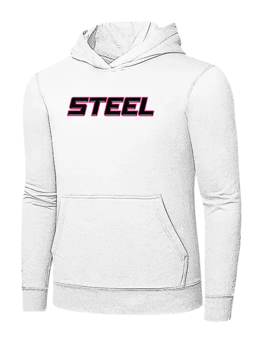 White 7.8 oz Ring Spun Hooded Sweatshirt w/Steel Wordmark Logo
