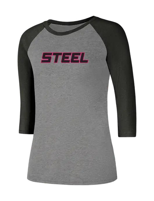 Womens Simply Soft 3/4 Sleeve Black Frost/Grey Frost Ring Spun Cotton T-Shirt w/Steel Partners Logo