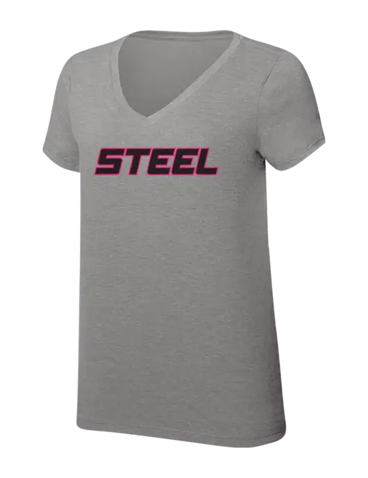 Womens Simply Soft V-Neck Grey Frost 4.5oz  Poly/Combed Ring Spun Cotton T-Shirt w/Steel Partners Logo