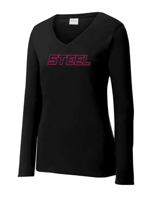 Womens V-Neck Ring Spun Jet Black 4.5 oz Long Sleeve T-Shirt w/Steel Partners Logo