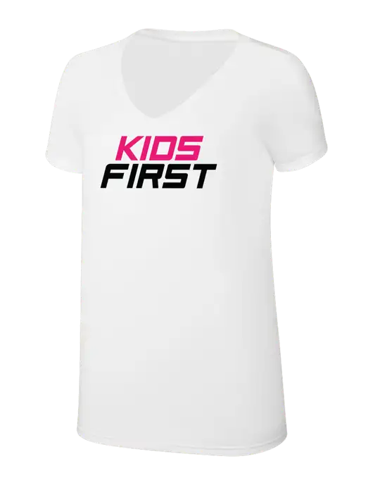 Womens Simply Soft V-Neck White 4.5oz  Poly/Combed Ring Spun Cotton T-Shirt w/Kids First Logo