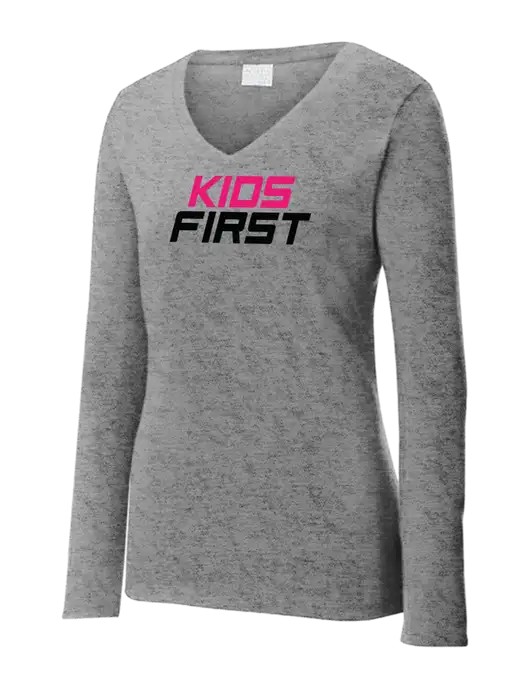 Womens  V-Neck Ring Spun Grey Heather 4.5 oz Long Sleeve T-Shirt w/Kids First Logo