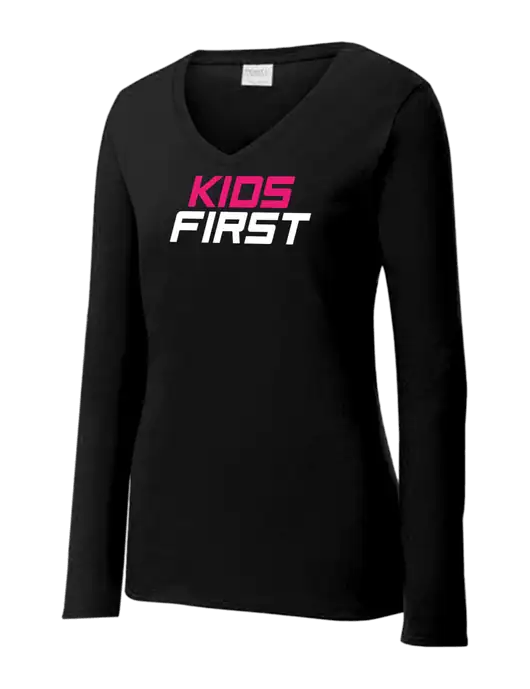 Womens V-Neck Ring Spun Jet Black 4.5 oz Long Sleeve T-Shirt w/Kids First Logo