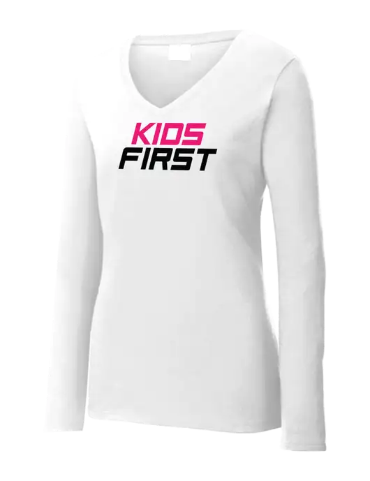 Womens  V-Neck Ring Spun White 4.5 oz Long Sleeve T-Shirt w/Kids First Logo