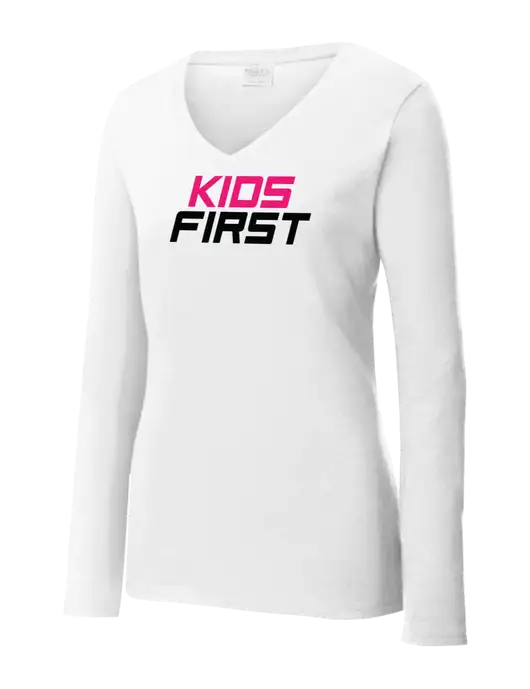 Womens  V-Neck Ring Spun White 4.5 oz Long Sleeve T-Shirt w/Kids First Logo