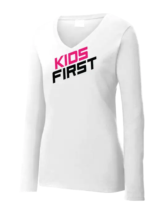 Womens  V-Neck Ring Spun White 4.5 oz Long Sleeve T-Shirt w/Kids First Logo