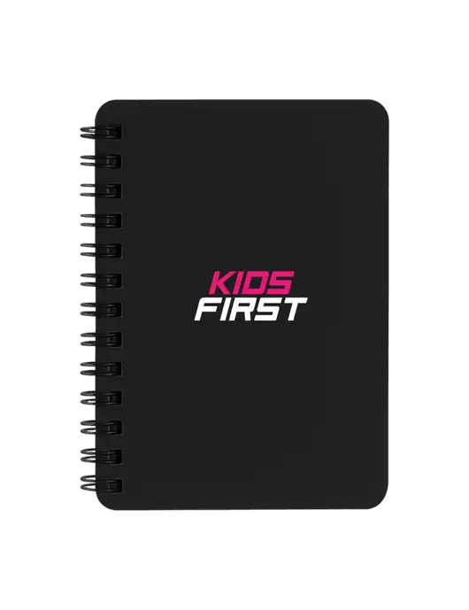 Sturdy Black Hardcover Notebook, 5.25 x 7 w/Kids First Logo