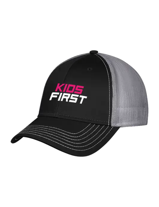 Black/Medium Dark Grey Mesh Trucker Cap Snap Back w/Kids First Logo